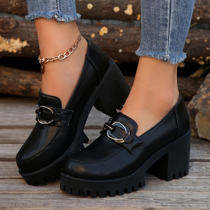 Chic Black Platform Loafers for Women - Versatile & Trendy, Faux Cover with Rubber Sole, Comfortable Slip-On Shoes