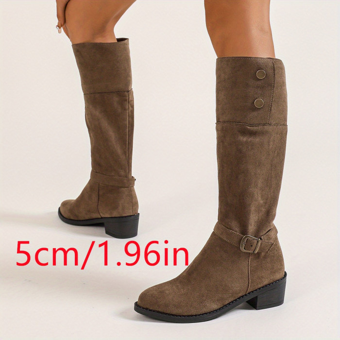 1pr Women's Mid-Calf Western Cowboy Boots, Chunky Heel, Slip-On, Solid Color, Fabric Upper, Lining & Insole, Rubber Sole