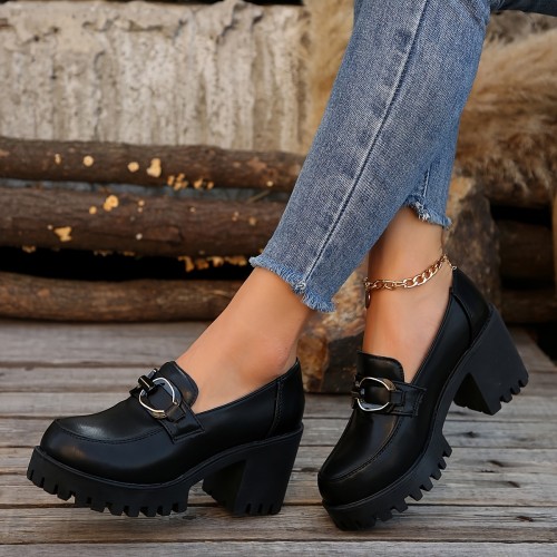 Chic Black Platform Loafers for Women - Versatile & Trendy, Faux Cover with Rubber Sole, Comfortable Slip-On Shoes