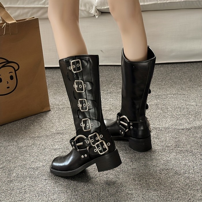 Chic Women's Mid-Calf Motorcycle Boots - Retro British Style with Square Toe, Buckle Detail & Chunky Heel, Slip-Resistant Faux Cover