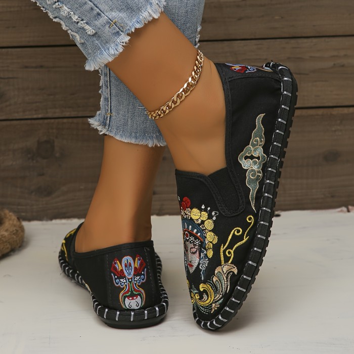 Breathable & Stylish Women's Flats - Lightweight, Comfortable Slip-On with Peking Opera Embroidery, Casual Round Toe Striped Design