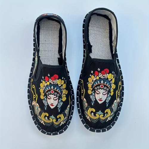 Breathable & Stylish Women's Flats - Lightweight, Comfortable Slip-On with Peking Opera Embroidery, Casual Round Toe Striped Design