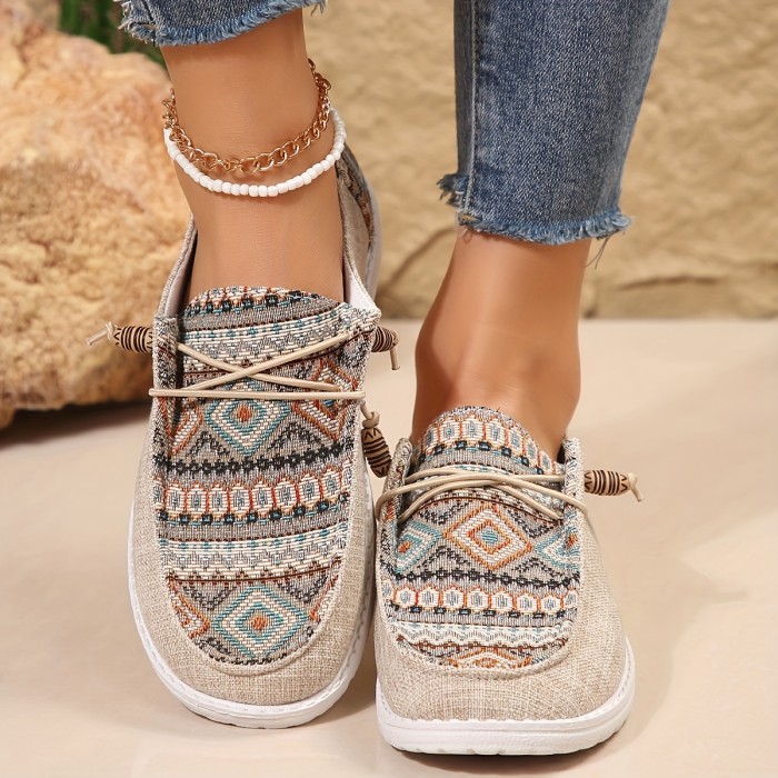 Womens Ethnic Charm Sneakers - Vibrant Prints, Comfortable Lace-Up, Lightweight for Outdoor Fun, Low-Top Canvas Style