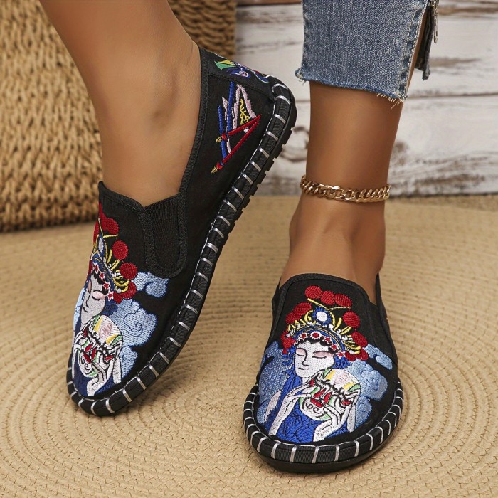 Breathable & Stylish Women's Flats - Lightweight, Comfortable Slip-On with Peking Opera Embroidery, Casual Round Toe Striped Design