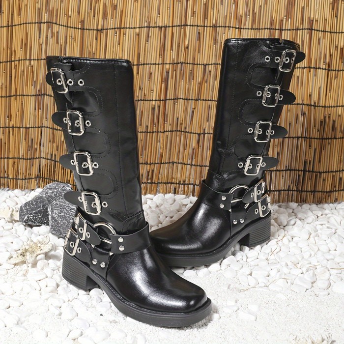 Chic Women's Mid-Calf Boots with Buckle Detail - Comfortable & Stylish, Faux Cover, Slip-On Design, Chunky Heel, Round Toe, Non-Slip Sole, Perfect for Outdoor Wear
