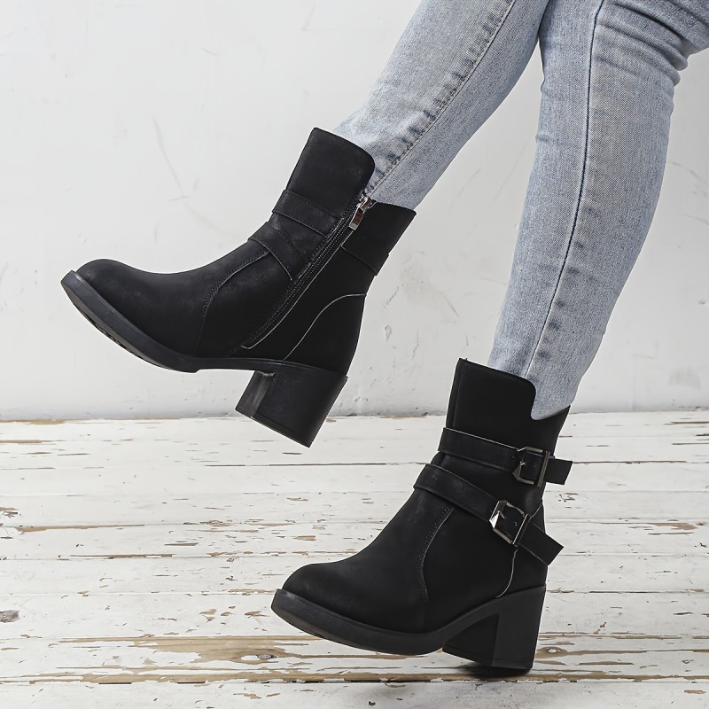 Stylish Chunky Heel Ankle Boots - Ankle & Bootie - Fashionable Side Zipper, Solid Color, Short Length, Comfortable Walking Boots for Women