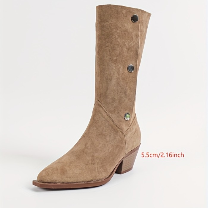 Women's Western Style Mid-Calf Boots with Chunky High Heel, Pointed Toe, and Pull-On Closure - Solid Color Fabric Upper and Lining, Rubber Sole