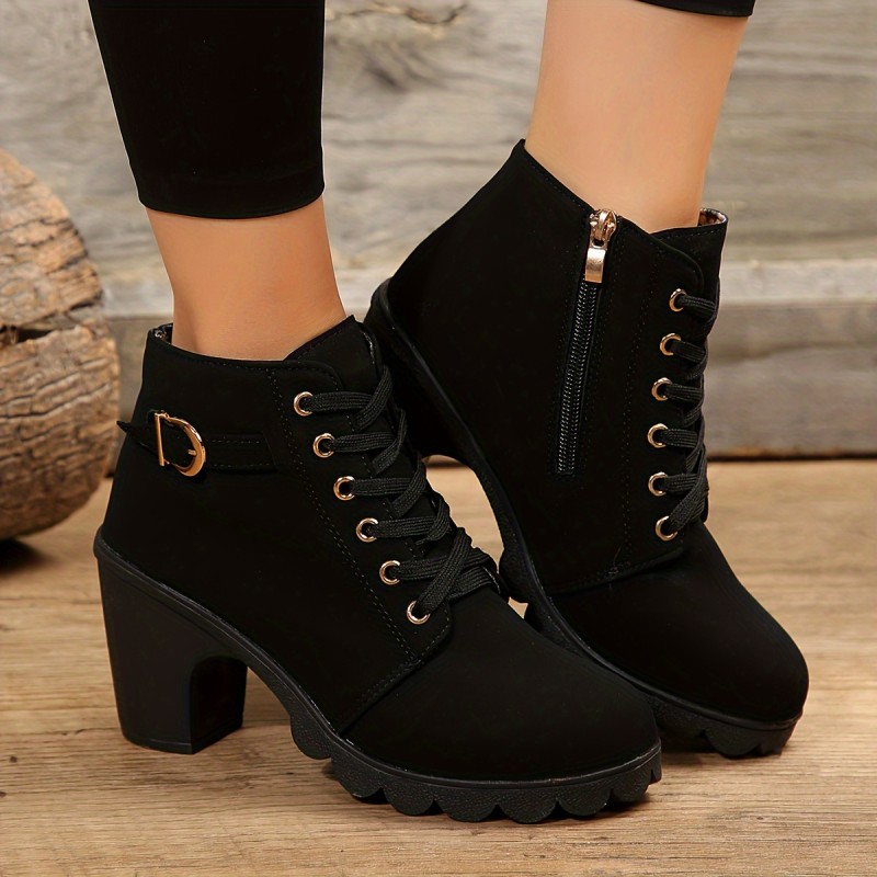 Trendy Womens Chunky Heel Ankle Boots - Secure Lace-Up, Smooth Zipper, Supreme Comfort - Mid-Calf Height, Stylish Design
