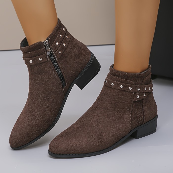 1pr Women'S Ankle Boot - Autumn Winter Fashion, Pointed Toe, Block Heel, Side Zip Closure, Fabric Upper, Lining, Insole, and Plastic Sole