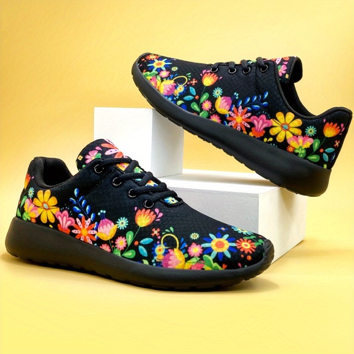 Stylish Floral Print Low-Top Sneakers - Lightweight, Breathable, and Comfortable Shoes for Women's Outdoor Fashion - Lace-Up Closure, Casual Wear, and Versatile Style