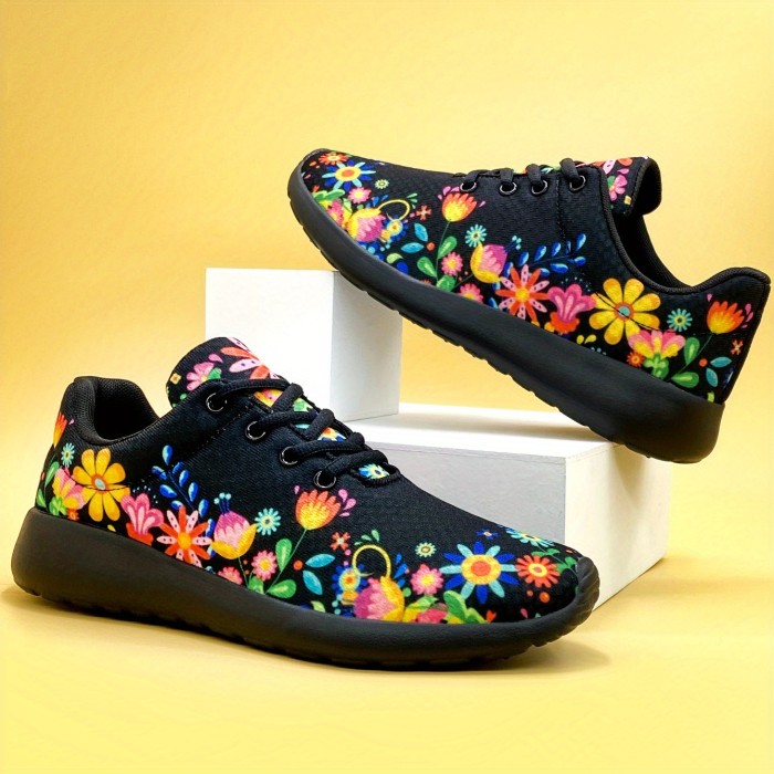 Stylish Floral Print Low-Top Sneakers - Lightweight, Breathable, and Comfortable Shoes for Women's Outdoor Fashion - Lace-Up Closure, Casual Wear, and Versatile Style