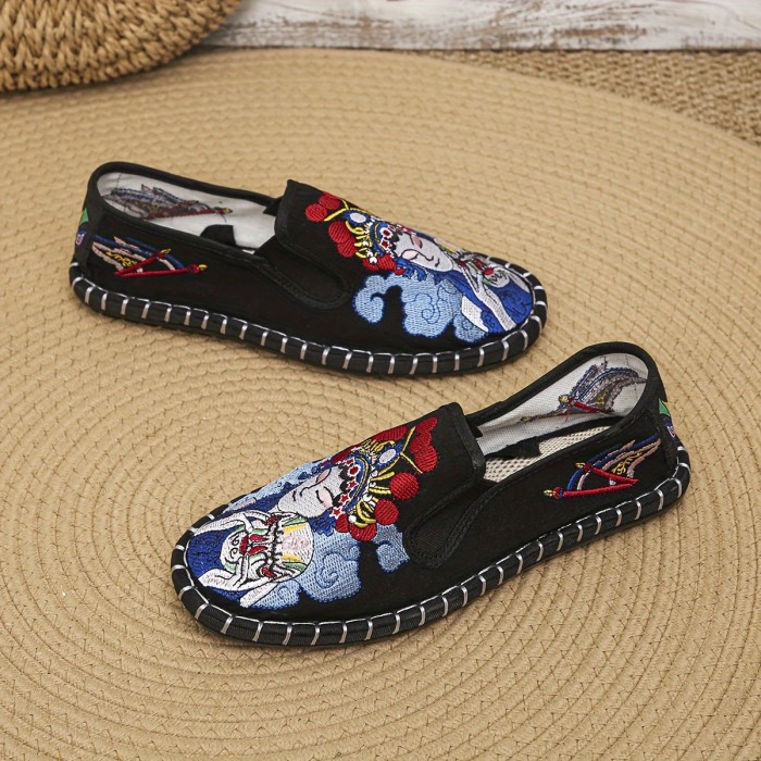 Breathable & Stylish Women's Flats - Lightweight, Comfortable Slip-On with Peking Opera Embroidery, Casual Round Toe Striped Design