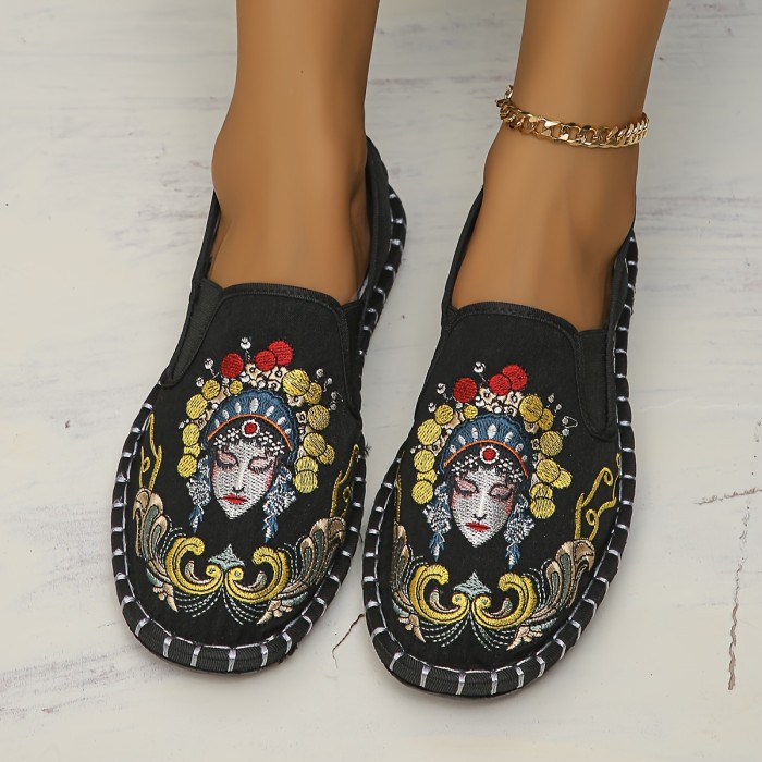 Breathable & Stylish Women's Flats - Lightweight, Comfortable Slip-On with Peking Opera Embroidery, Casual Round Toe Striped Design