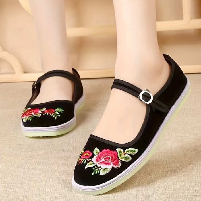 Floral Embroidered Flats - Comfy Everyday Wear with Secure Ankle Strap - Lightweight & Various Colors
