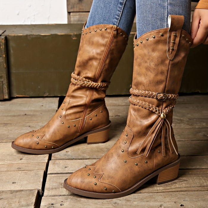 Brogue Pointed Toe Thick Heel Women'S Boots Retro Western Cowboy Boots Mid-Calf Boots Short Boots Women'S Spring And Autumn Single Boots