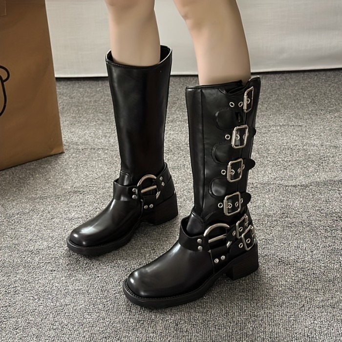 Chic Women's Mid-Calf Motorcycle Boots - Retro British Style with Square Toe, Buckle Detail & Chunky Heel, Slip-Resistant Faux Cover