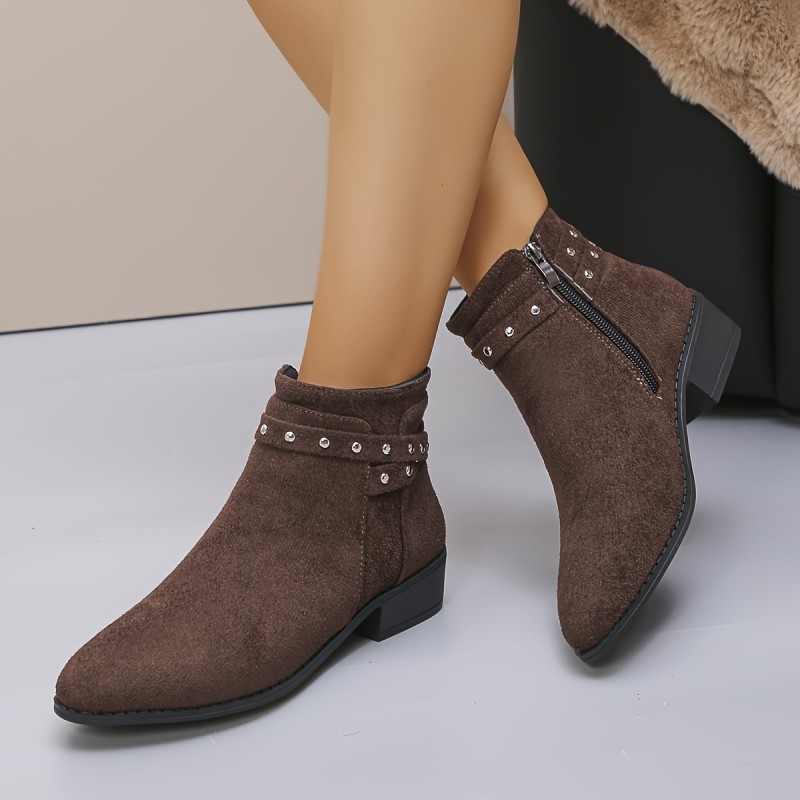 1pr Women'S Ankle Boot - Autumn Winter Fashion, Pointed Toe, Block Heel, Side Zip Closure, Fabric Upper, Lining, Insole, and Plastic Sole