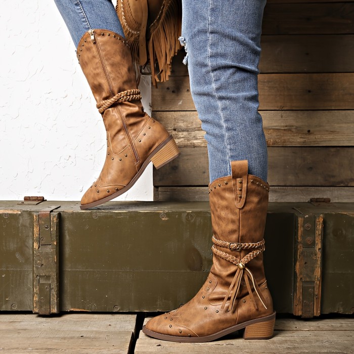 Brogue Pointed Toe Thick Heel Women'S Boots Retro Western Cowboy Boots Mid-Calf Boots Short Boots Women'S Spring And Autumn Single Boots