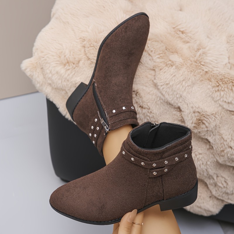 1pr Women'S Ankle Boot - Autumn Winter Fashion, Pointed Toe, Block Heel, Side Zip Closure, Fabric Upper, Lining, Insole, and Plastic Sole