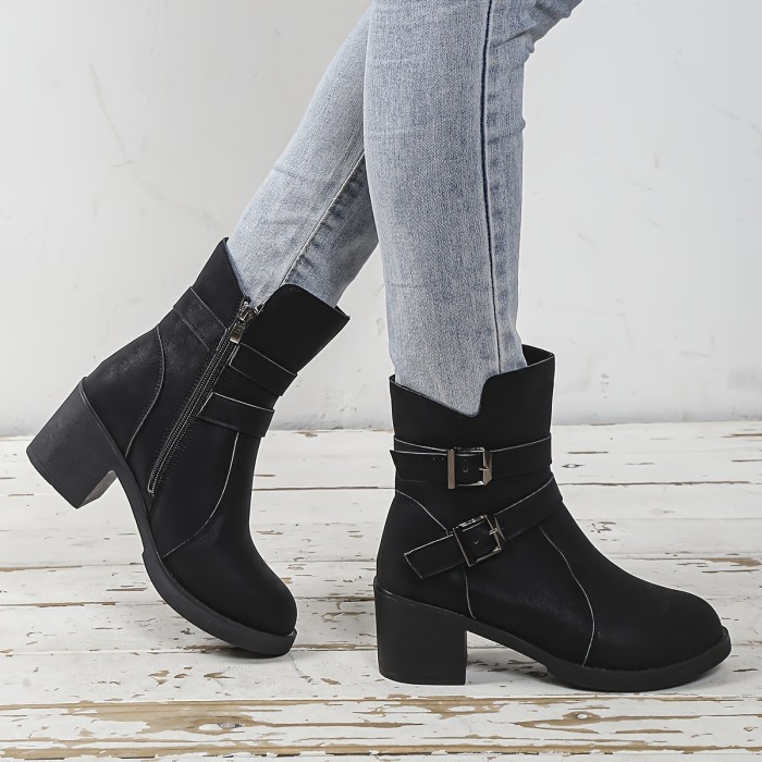 Stylish Chunky Heel Ankle Boots - Ankle & Bootie - Fashionable Side Zipper, Solid Color, Short Length, Comfortable Walking Boots for Women