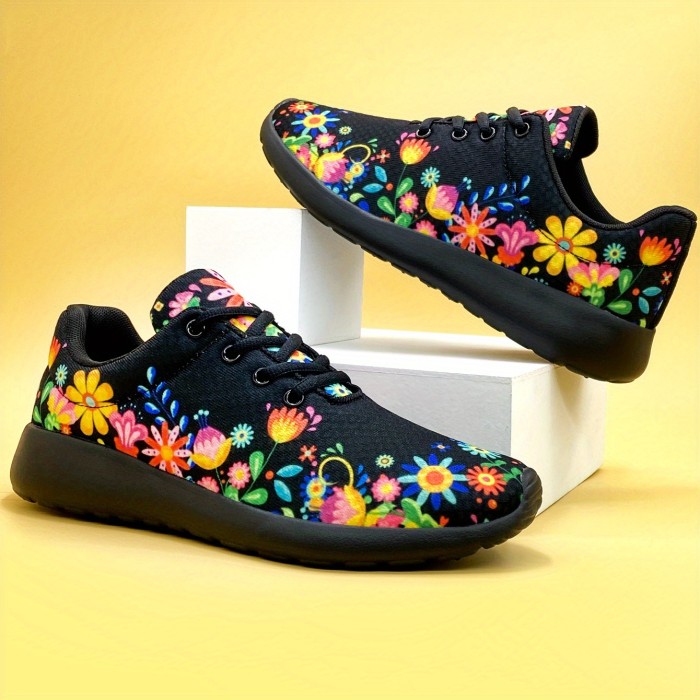 Stylish Floral Print Low-Top Sneakers - Lightweight, Breathable, and Comfortable Shoes for Women's Outdoor Fashion - Lace-Up Closure, Casual Wear, and Versatile Style