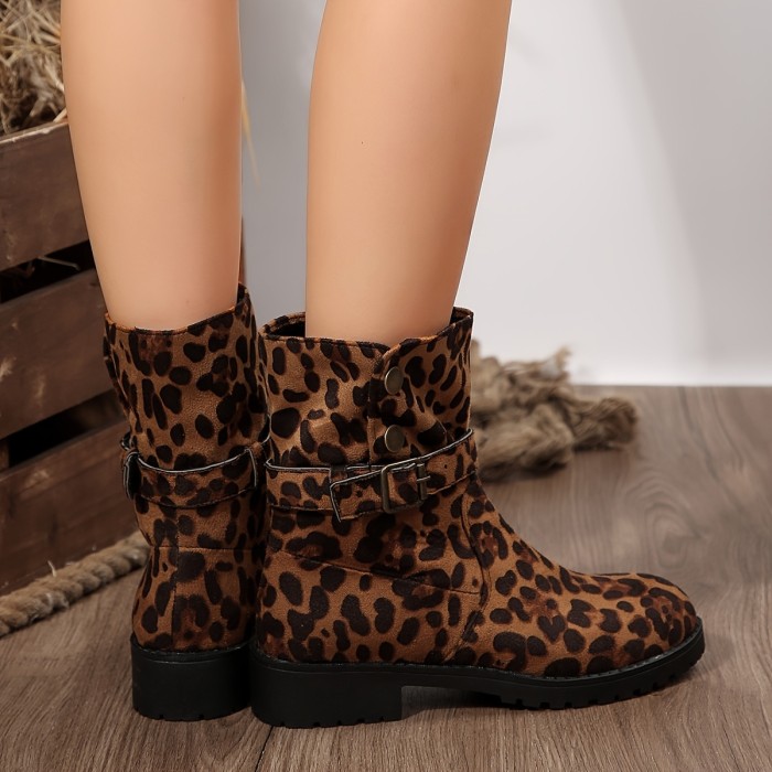 1pc Women's Fashion Ankle Boots - Leopard Print, Round Toe, Thick Heel with Buckle Detail, Fabric Upper & Lining, Rubber Sole, Medium Heel, Hand Wash\u002FDry Clean, for All Seasons, Stylish Footwear for Ladies