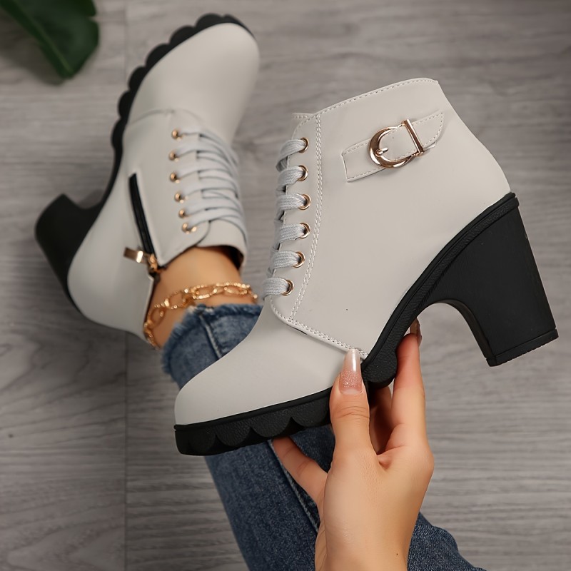 Trendy Womens Chunky Heel Ankle Boots - Secure Lace-Up, Smooth Zipper, Supreme Comfort - Mid-Calf Height, Stylish Design