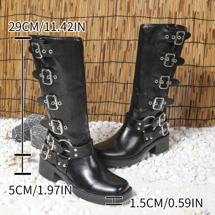 Chic Women's Mid-Calf Boots with Buckle Detail - Comfortable & Stylish, Faux Cover, Slip-On Design, Chunky Heel, Round Toe, Non-Slip Sole, Perfect for Outdoor Wear