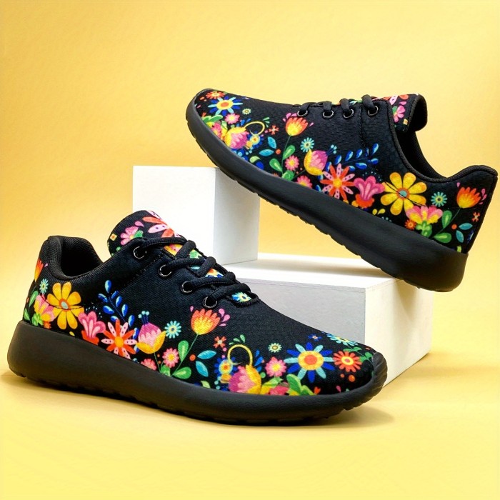 Stylish Floral Print Low-Top Sneakers - Lightweight, Breathable, and Comfortable Shoes for Women's Outdoor Fashion - Lace-Up Closure, Casual Wear, and Versatile Style