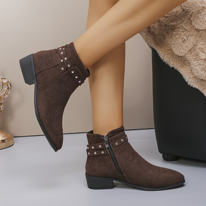 1pr Women'S Ankle Boot - Autumn Winter Fashion, Pointed Toe, Block Heel, Side Zip Closure, Fabric Upper, Lining, Insole, and Plastic Sole