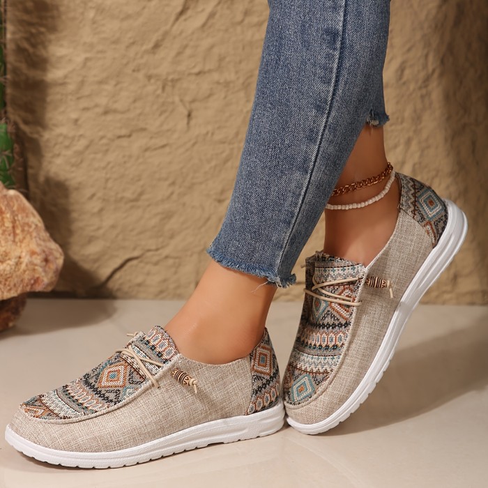 Womens Ethnic Charm Sneakers - Vibrant Prints, Comfortable Lace-Up, Lightweight for Outdoor Fun, Low-Top Canvas Style