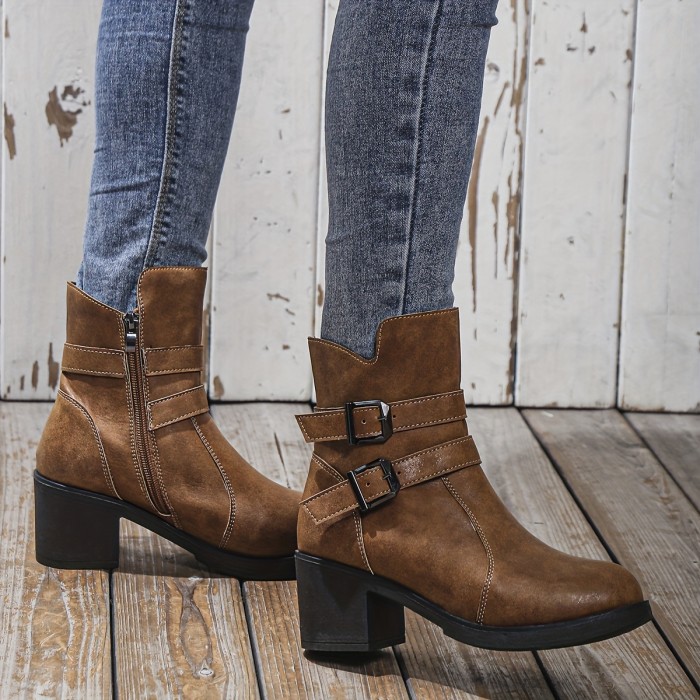 Stylish Chunky Heel Ankle Boots - Ankle & Bootie - Fashionable Side Zipper, Solid Color, Short Length, Comfortable Walking Boots for Women
