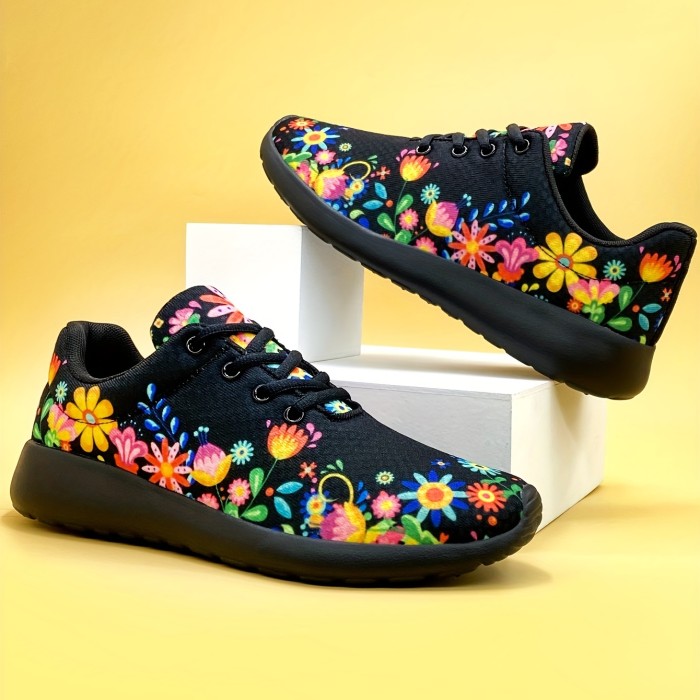 Stylish Floral Print Low-Top Sneakers - Lightweight, Breathable, and Comfortable Shoes for Women's Outdoor Fashion - Lace-Up Closure, Casual Wear, and Versatile Style
