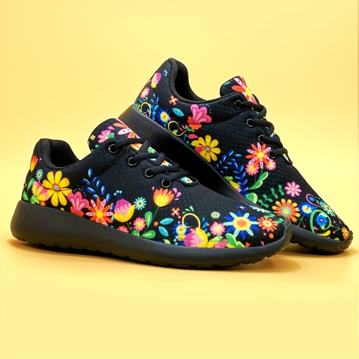 Stylish Floral Print Low-Top Sneakers - Lightweight, Breathable, and Comfortable Shoes for Women's Outdoor Fashion - Lace-Up Closure, Casual Wear, and Versatile Style