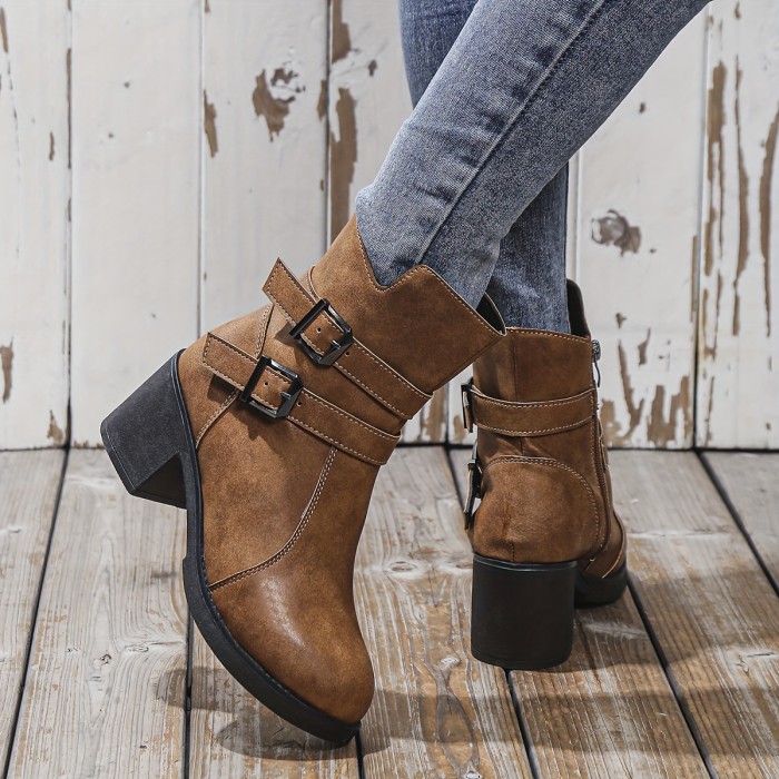 Stylish Chunky Heel Ankle Boots - Ankle & Bootie - Fashionable Side Zipper, Solid Color, Short Length, Comfortable Walking Boots for Women
