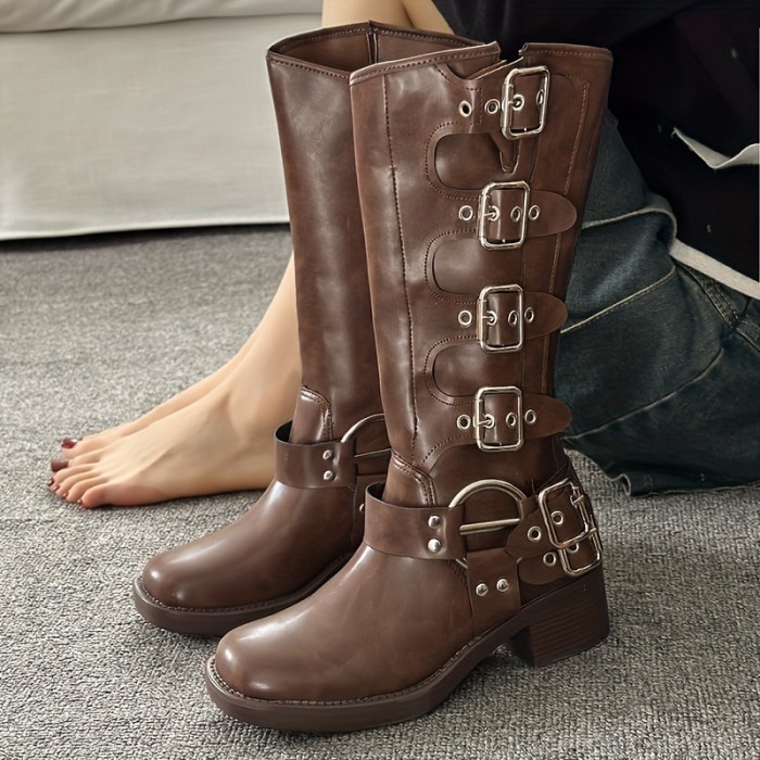Chic Women's Mid-Calf Motorcycle Boots - Retro British Style with Square Toe, Buckle Detail & Chunky Heel, Slip-Resistant Faux Cover