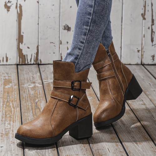 Stylish Chunky Heel Ankle Boots - Ankle & Bootie - Fashionable Side Zipper, Solid Color, Short Length, Comfortable Walking Boots for Women