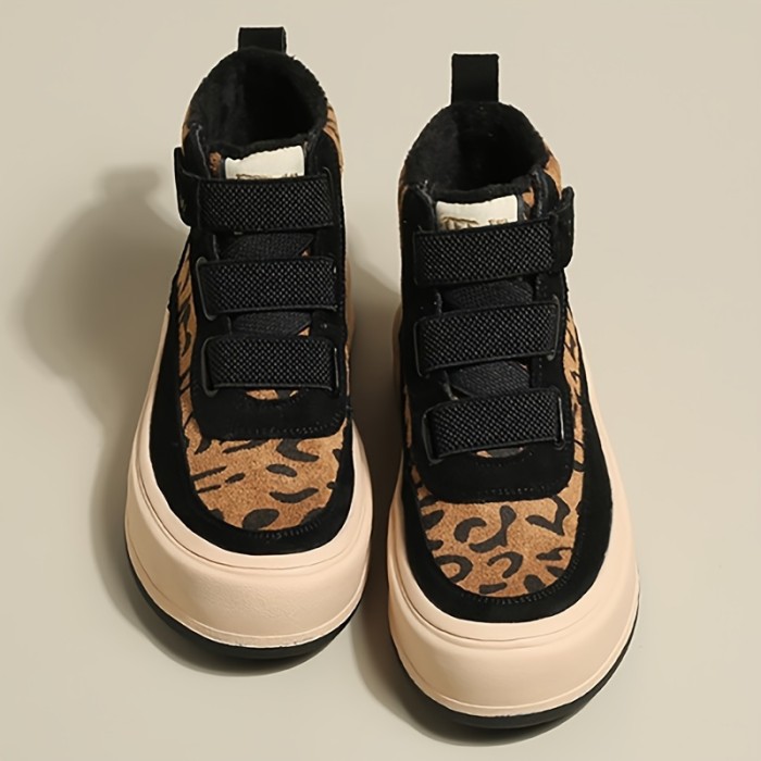 Women's Fashion Ankle Boots - Casual Leopard Print, Hook-and-loop Fastener Closure, Thick Sole, Faux Cover & Fabric Lining