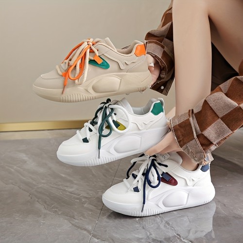 Women's Casual Sneakers with Long Laces - Soft, Thick Sole, Solid Color, Striped Upper | Versatile Outdoor Streetwear for All Seasons