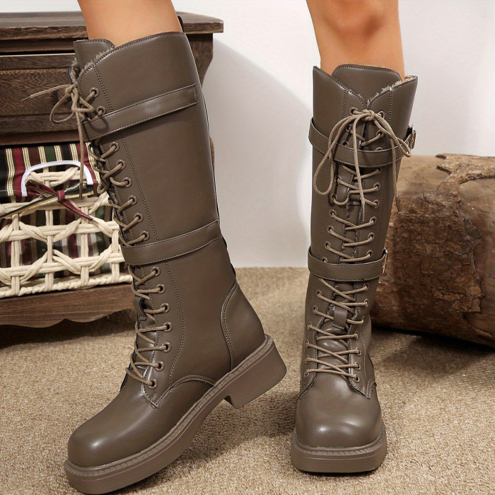 Chic Women's Knee-High Boots with Chunky Heel - Lace-Up, Faux Cover, Rubber Sole