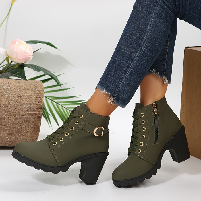 Trendy Womens Chunky Heel Ankle Boots - Secure Lace-Up, Smooth Zipper, Supreme Comfort - Mid-Calf Height, Stylish Design