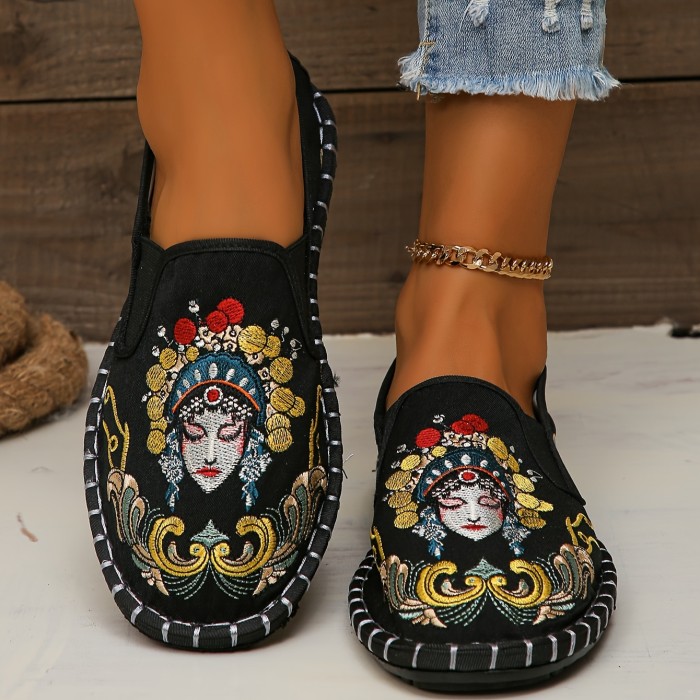 Breathable & Stylish Women's Flats - Lightweight, Comfortable Slip-On with Peking Opera Embroidery, Casual Round Toe Striped Design
