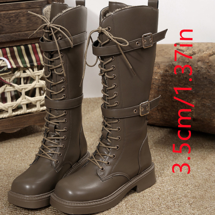 Chic Women's Knee-High Boots with Chunky Heel - Lace-Up, Faux Cover, Rubber Sole