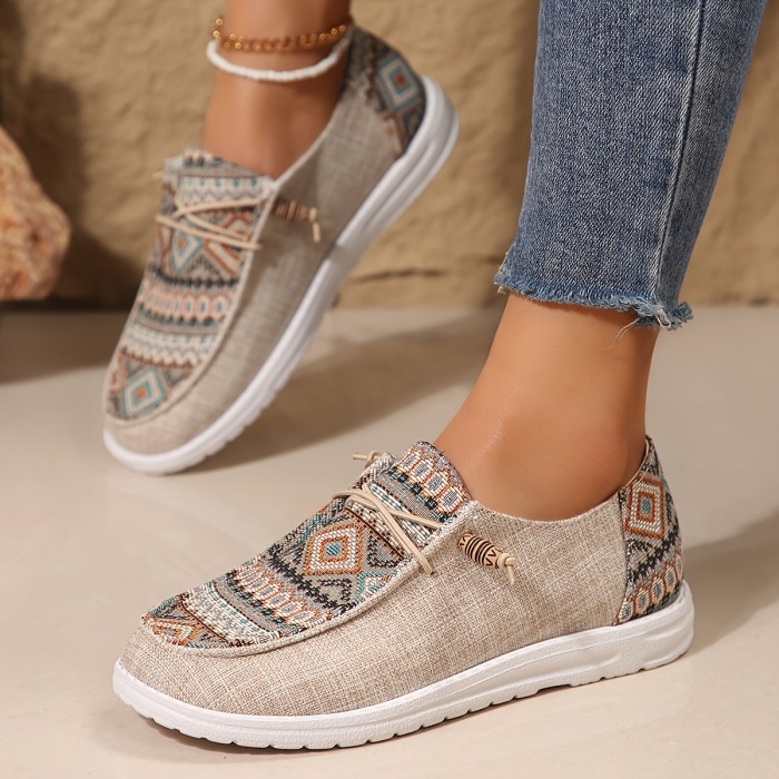 Womens Ethnic Charm Sneakers - Vibrant Prints, Comfortable Lace-Up, Lightweight for Outdoor Fun, Low-Top Canvas Style