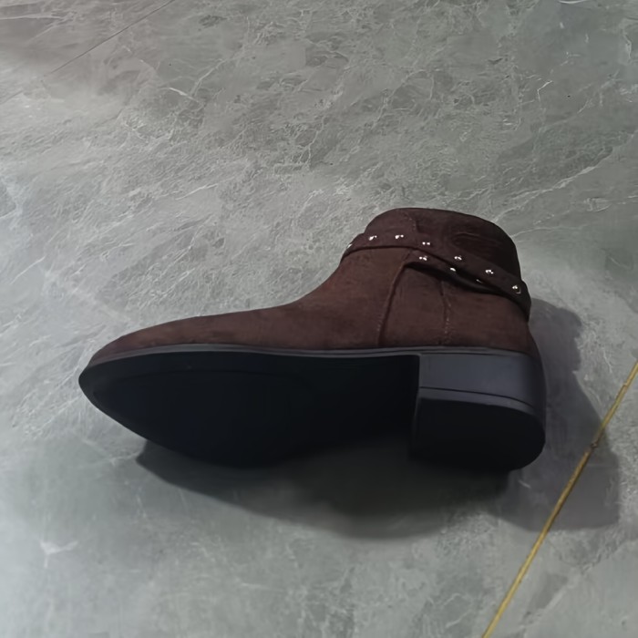 1pr Women'S Ankle Boot - Autumn Winter Fashion, Pointed Toe, Block Heel, Side Zip Closure, Fabric Upper, Lining, Insole, and Plastic Sole