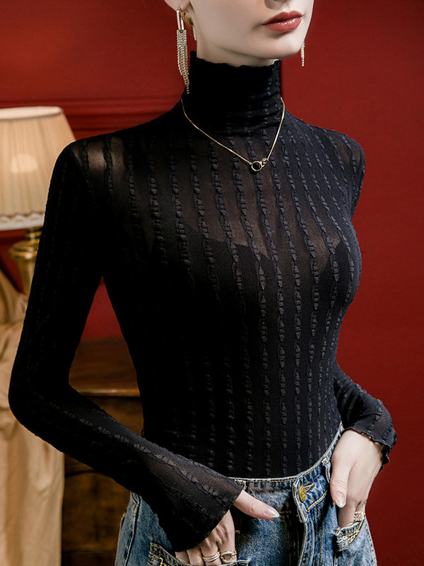 Long Sleeves Plus Size Jacquard See-Through Solid Color Split-Joint High Neck T-Shirts Tops