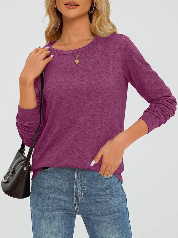 Long Sleeves Loose Solid Color Round-Neck T-Shirts Tops