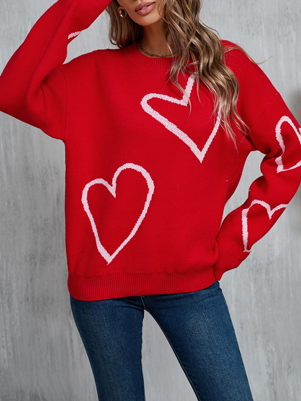 Long Sleeves Loose Contrast Color Jacquard Split-Joint Round-Neck Pullovers Sweater Tops