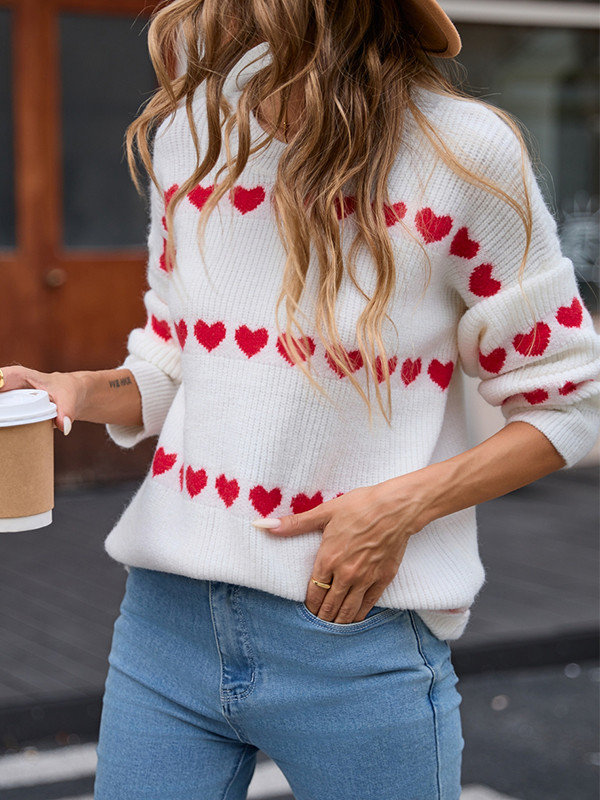 Long Sleeves Loose Heart Print Split-Joint Round-Neck Pullovers Sweater Tops