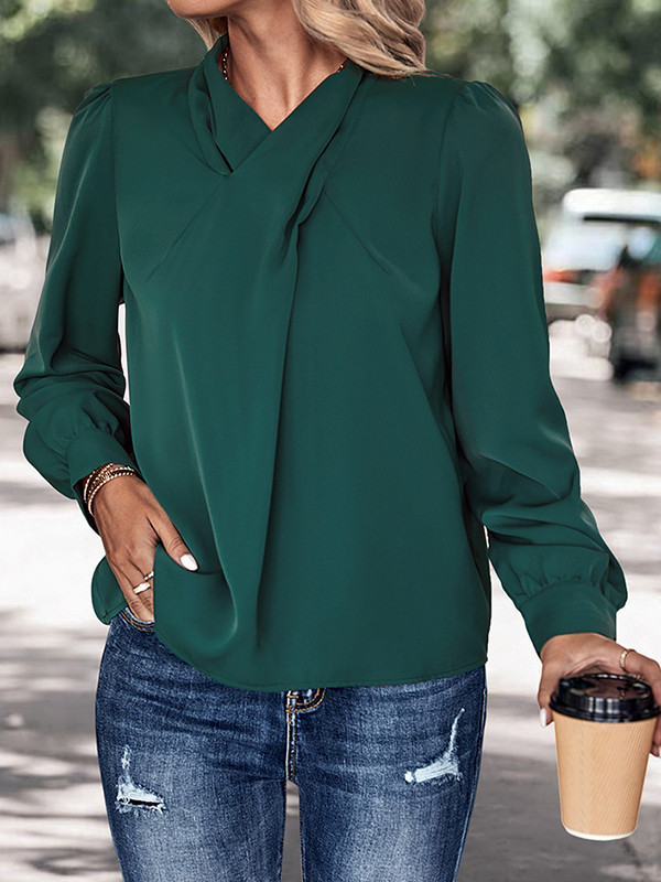 Long Sleeves Loose Buttoned Hollow Knot Pleated Solid Color V-Neck Blouses&Shirts Tops